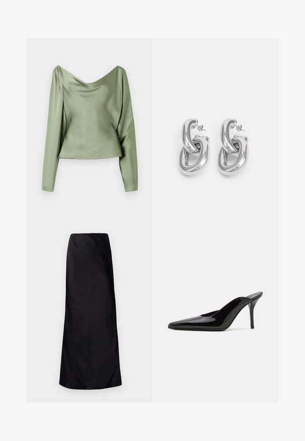Roheline satiinist pika varrukaga topp, millel on langev kootud kaelus, sile tekstuur ja lühike äär, esitades sujuvat ja elegantset disaini.; Norma Kamali BIAS OBIE SKIRT - Maksiseelik - black; Must musta nahkkängad terava ninaga ja sujuva siluetiga, avatud tagusega ja peene stiletto kontsaga.; Rabanne XL LINK DOUBLE HOOP EARRING - Kõrvarõngad - silver-coloured
