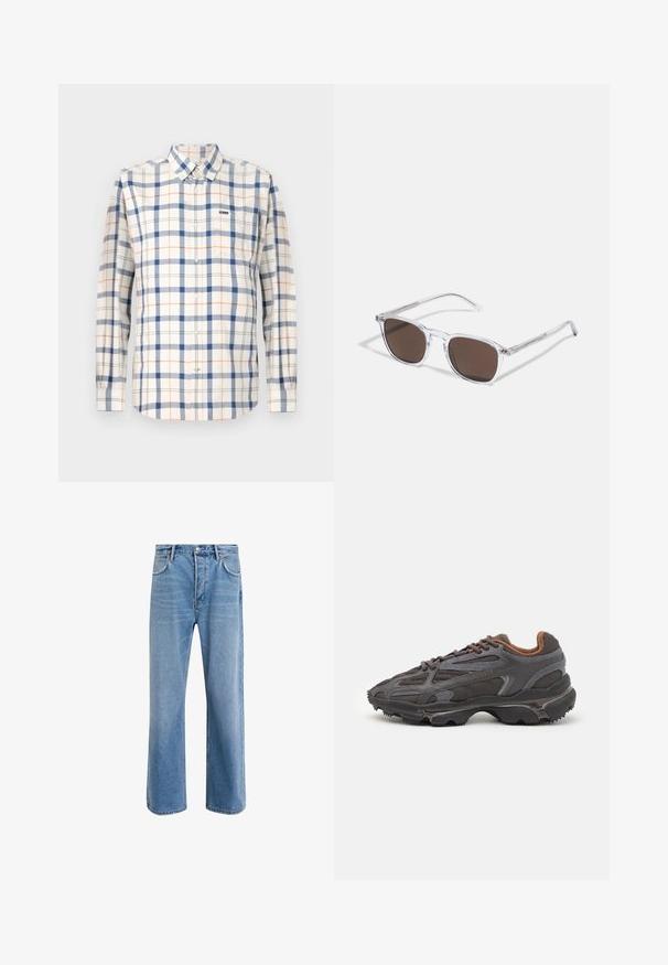 Camisa de homem de botão em tecido creme com padrão xadrez azul e laranja, mangas longas e um bolso no peito. Apresenta um colarinho tradicional.; Calças de ganga azul claro com um design de perna reta, cinco bolsos, fecho de botão, desgaste mínimo e detalhes de costura em contraste.; Ténis Lacoste em cinza-escuro com material em malha e sintético, apresentando uma sola texturizada e detalhes castanhos na gola e na marca.; Óculos de sol transparentes com lentes retangulares castanhas, apresentando hastes finas e transparentes e detalhes em metal nas laterais.
