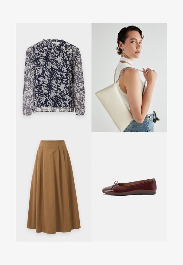 Blusa azul marinho com estampa floral em branco, apresentando um decote plissado e mangas longas, em fundo branco liso.; Saia A-line de algodão castanho com cintura alta, apresentando pregas na parte da frente e uma textura suave. As bordas da bainha são limpas e simples.; Bailarinas em couro sintético borgonha com bico redondo, pequeno laço na frente e sola baixa em borracha preta. Textura suave.; Bolsa de mão retangular branca, feita de material brilhante, com uma alça em corrente prateada. Modelo posa, exibindo a bolsa contra um fundo simples.