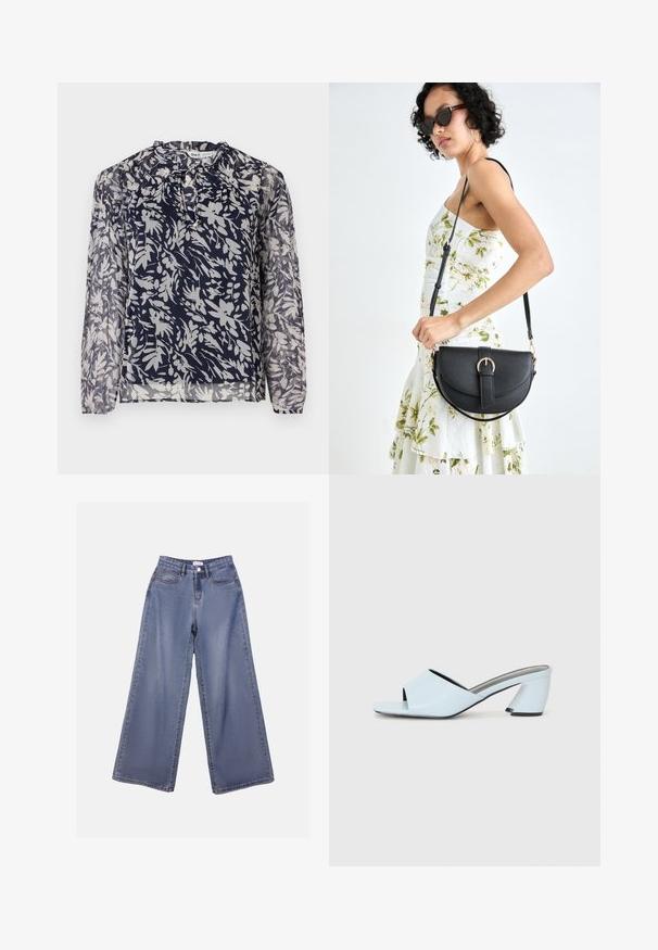 Mornarska bluza s cvetnim vzorcem v belem, ki ima nabran ovratnik in dolge rokave, na enobarvni beli podlagi.; Široke denim hlače v svetlo modrem pranju, s poudarjeno pasom, sprednjimi žepi in gumbom za zapiranje z zankami za pas.; Svetlo modre sandale na peto z odprtim prstom in geometrijskim vzorcem, ki imajo širok trak čez nogo in masiven, kotni višji del.; Črna usnjena torbica s ukrivljeno obliko, z odstranljivo naramnico in zlatimi dodatki. Torbica ima pokrov s podrobnostmi v obliki zaponke.