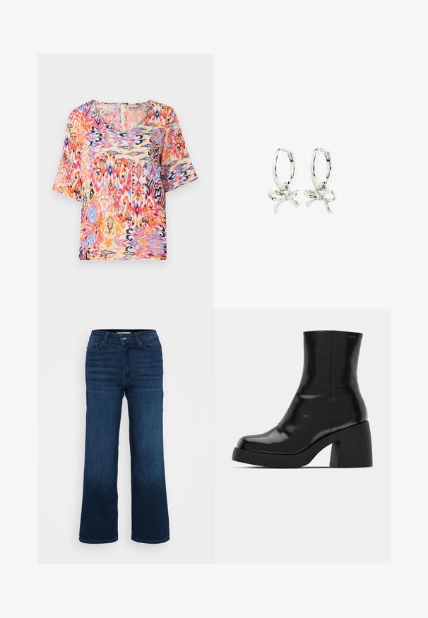 Kurzarmbluse mit einem lebhaften, mehrfarbigen abstrakten Muster in den Farbtönen Pink, Orange und Blau, gefertigt aus leichtem Stoff.; Rosa Baumwoll-Tanktop mit geripptem Format und klassischem Rundhalsausschnitt. Ärmelloses Design, figurbetonte Silhouette und keine auffälligen Details.; ONLY Petite ONLMADISON BLUSH WIDE - Wide Leg - dark blue denim; Schwarze Stiefeletten mit glänzender Oberfläche, quadratischer Zehenpartie und dicker Blockabsatz. Das Design zeichnet sich durch eine nahtlose Silhouette und minimalistische Markenkennzeichnung aus.; Silberne Creolen mit einem Schleifen-Design, einer glatten Oberfläche und einer polierten Textur. Kompakter, minimalistischer Stil, geeignet für verschiedene Anlässe.
