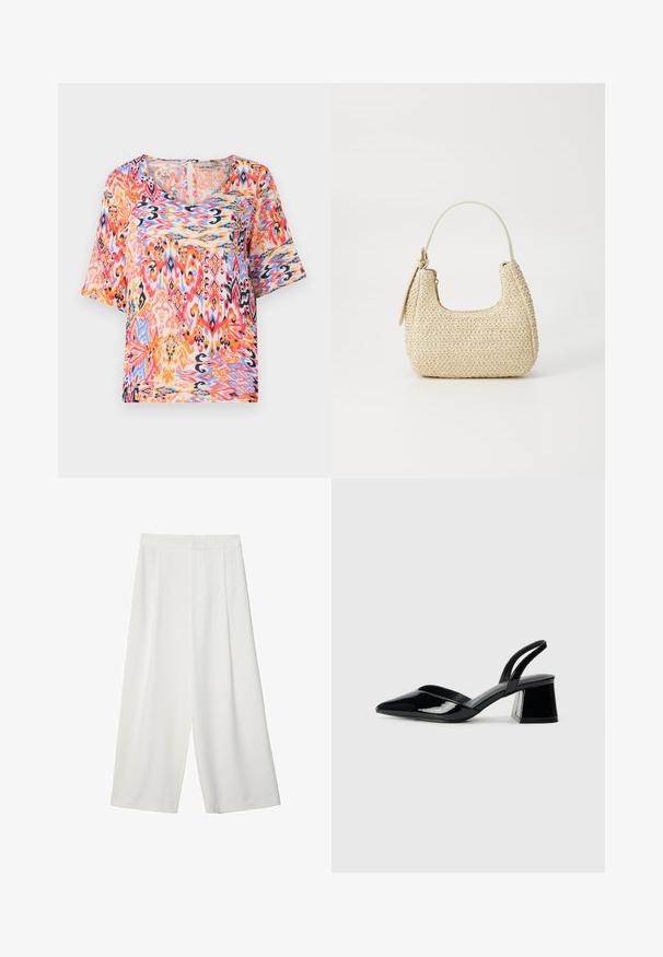 Blusa a maniche corte con un vivace motivo astratto multicolore nei toni di rosa, arancione e blu, realizzata in un tessuto leggero.; Pantaloni bianchi a gamba larga e cropped con una texture liscia, caratterizzati da una parte anteriore piatta e senza chiusure o tasche visibili.; Décolleté in vernice nera con punta affusolata e tacco in geometria cubica. Presentano un design elegante e minimalista, con una texture liscia.; Borsa a tracolla intrecciata in paglia di colore beige, con una forma curva, manico corto e zip laterale. Presenta una superficie texturizzata e un design minimalista.