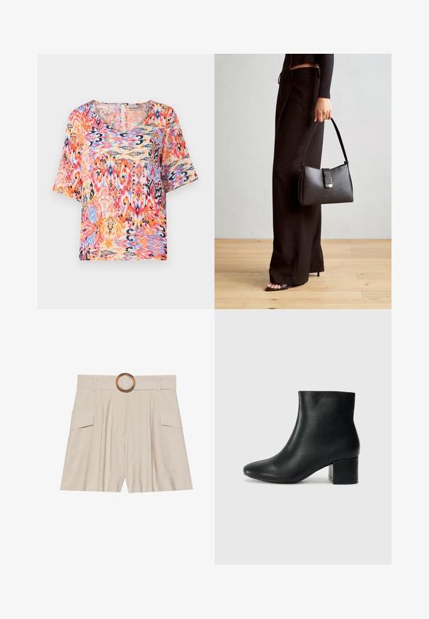 Kortermet bluse med et livlig, flerfarget abstrakt mønster i nyanser av rosa, oransje og blått, laget av lett materiale.; Beige høytlivsshorts med bred, flat midje, sirkulær spenne i tre, plisserte foran og to sidelommer. Jevn stofftekstur.; Sorte skinn ankelsko med spiss tå og chunky hæl. Glatt tekstur med minimale detaljer og et elegant, tettsittende design.; Svart håndveske med strukturert form, jevn tekstur og metallisk lås. Kombinert med brede svarte bukser og sandaler med åpen tå på tregulv.