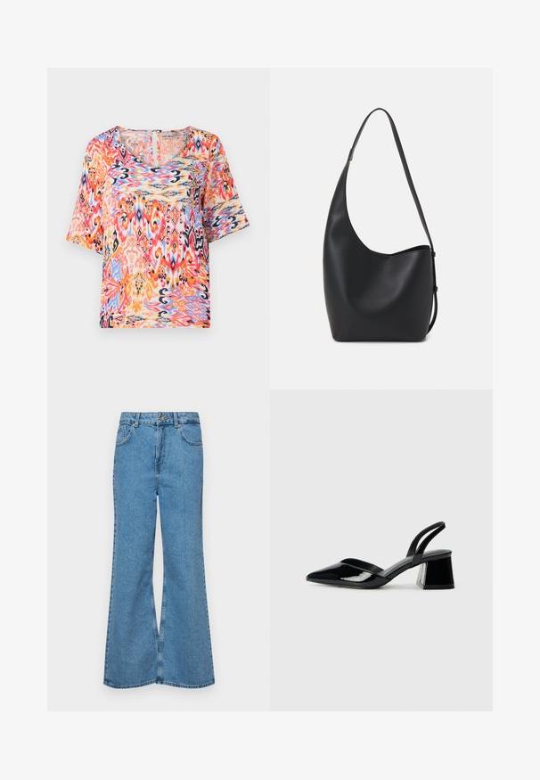 Lühikeste varrukatega pluus, millel on erksavärviline abstraktne muster roosade, oranžide ja siniste toonidega, valmistatud kergest kangast.; Heledad sinine flared teksade rõivad, millel on kõrge talje, viis taskut ja üks nupulukk. Pehme tekstuur ja pleekinud viimistlus.; Mustad musta lakknahk kingad, millel on terav varvas ja geomeetriline plokkkonts. Omab elegantselt minimalistlikku disaini ja sujuvat tekstuuri.; Mustast nahast hobo kott, millel on sile tekstuur, kumer kuju ja üks reguleeritav rihm; peal on lai avaus.