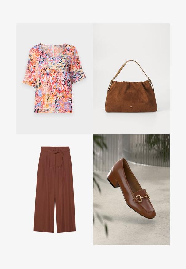 Rövid ujjú blúz, amely élénk, sokszínű absztrakt mintával rendelkezik, rózsaszín, narancs és kék árnyalatokban, könnyű anyagból készült.; Barna anyagból készült, széles szárú nadrág, négyzet alakú csattal ellátott övvel, redők kialakítással és sima textúrával.; Barna lakkbőr loaferek négyzet alakú orral, fém lánc díszítéssel és alacsony blokk sarkú kialakítással; sima textúra, minimalista design.; Barna velúr kézitáska, gyűjtött kialakítással, egyetlen világosbarna bőrszíjjal és egy diszkrét arany logós részlettel az elején.