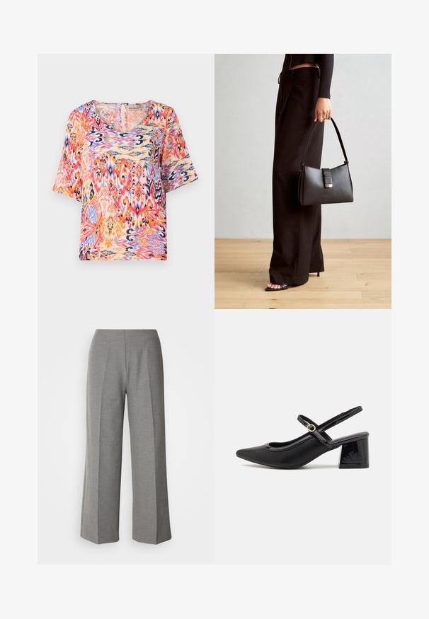 Short-sleeve blouse featuring a vibrant, multicolored abstract pattern with shades of pink, orange, and blue, crafted from lightweight fabric.; Gray tailored wide-leg pants with a smooth texture, featuring a flat front and crisp crease lines on each leg.; Black patent leather slingback heels with a pointed toe, a rounded cutout design, and a block heel. Features a gold-tone buckle accent.; Black handbag with structured shape, smooth texture, and a metallic clasp. Paired with wide black pants and open-toe sandals on wooden floor.