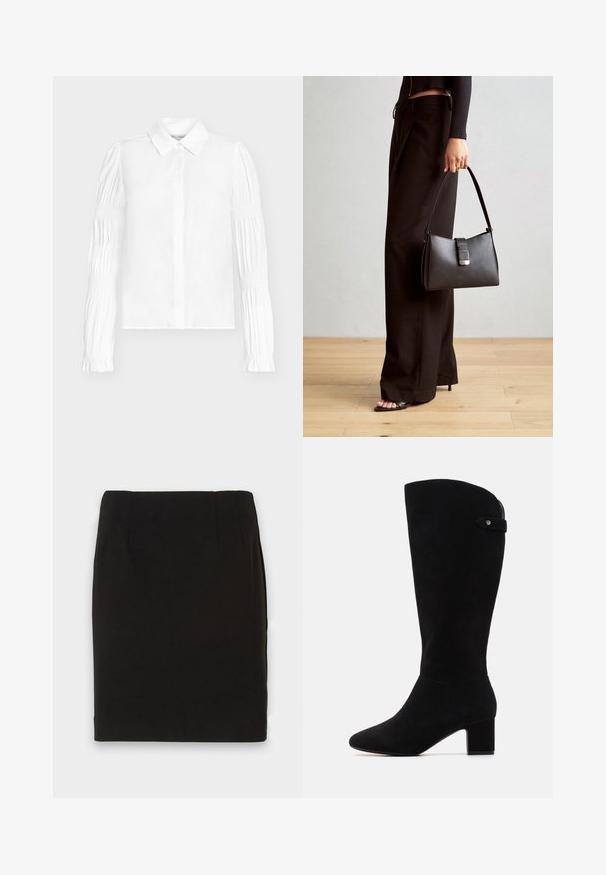 Bílá halenka se zapínáním na knoflíky, s dlouhými rukávy s nařasenými detaily. Hladká látka a klasický tvar límce.; Černá úzká sukně ke kolenům se rovnou spodní částí a jemnými švy v pase na bílém pozadí.; Černé semišové vysoké kozačky s špičatou špičkou a blokovým podpatkem. Mají hladkou strukturu a jednoduchý design, s bočním páskem jako akcentem.; Černá kabelka se strukturovaným tvarem, hladkým povrchem a kovovým uzávěrem. Kombinována s širokými černými kalhotami a sandály s otevřenou špičkou na dřevěné podlaze.