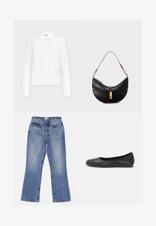 Balta blūze ar pogām pārsegta dizainā, ar garām piedurknēm un savāktām detaļām. Gluda auduma un klasiskas apkakles forma.; RE/DONE LOOSE - Bootcut piegriezuma džinsi - hacienda; Melna ādas baleta kurpe ar noapaļotu purngalu, gludu tekstūru, minimālu šuvju detalizāciju un elastīgu zoles dizainu.; Melnas ādas rokas soma pusmēness formas. Iezīmē zelta metāla akcentus un šauru siksniņu. Gluda tekstūra, rāvējslēdzēja aizdare augšpusē.