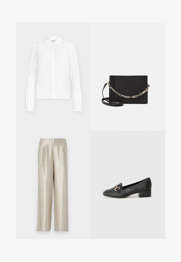 White blouse with a button-up design, featuring long sleeves with gathered detailing. Smooth fabric and classic collar shape.; Pants in a light beige satin fabric with a smooth texture, featuring a high waist, wide legs, and subtle pleats for added detail.; Black leather loafers with a flat heel, featuring a decorative gold hardware detail on the front and a smooth texture.; Black leather crossbody bag featuring a smooth texture, rectangular shape, and a metallic chain detail on the front. Adjustable strap included.