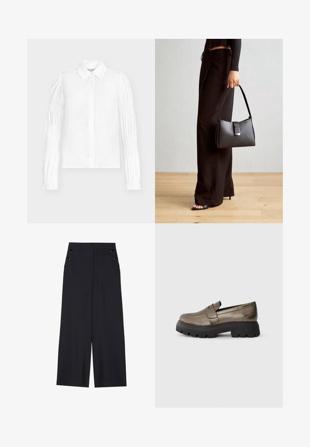 Bela bluza z zapenjanje na gumbe, s dolgimi rokavi z naborki. Gladek material in klasičen ovratnik.; Široke hlače iz temno modrega materiala, z gladko teksturo, sprednjimi gubami in dekorativnimi zlatimi kopčami na stranskih žepih.; Metalni olivnozeleni kožni loaferi z zaobljenim nosom, črnimi debelimi gumijastimi podplati in minimalnimi šivi na zgornjem delu.; Črna torbica z strukturirano obliko, gladko teksturo in kovinskim zaponko. Ujemajo se z širokimi črnimi hlačami in odprtimi sandali na lesenem tleh.