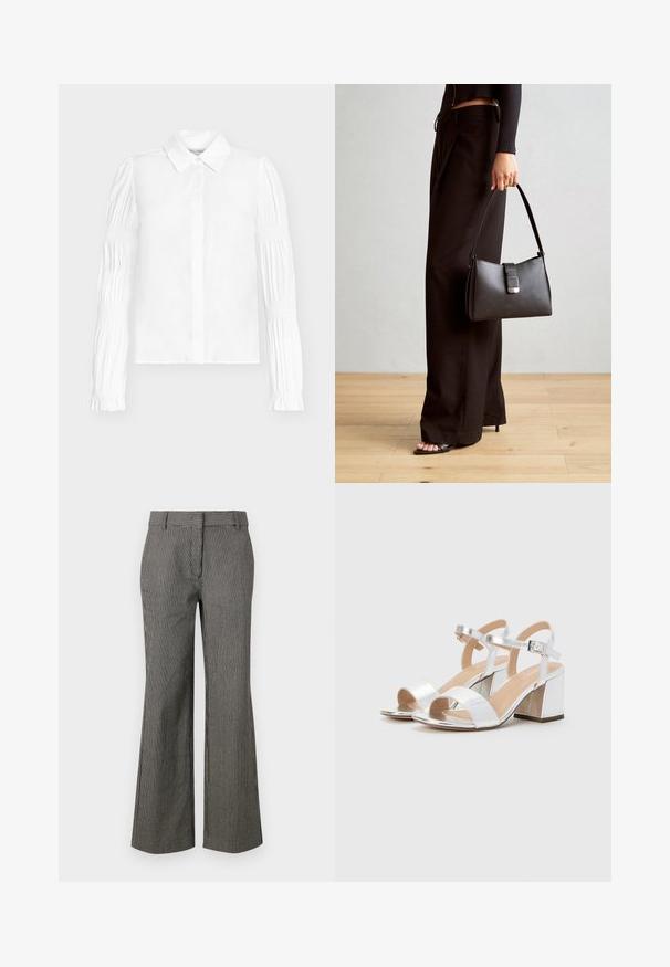 Balta palaidinė su sagų užsegimu, ilgomis susmaukytomis rankovėmis. Lygus audinys ir klasikinės apykaklės forma.; Juostuoti plačios kojų kelnių juoda ir balta spalvomis. Pagaminti iš lengvos medžiagos su lygia tekstūra. Yra juosmuo ir priekinės kišenės.; Sidabrinės aukštakulnės šlepetės su atviromis pirštinėmis, turinčios dvi plačias juostas ir suapvalintą bloko kulną. Lygus paviršius su metalizuotu apdaila.; Juodas rankinė struktūrizuota forma, lygi tekstūra ir metalinis užsegimas. Suporuota su plačiomis juodomis kelnėmis ir atvirais bateliais ant medinių grindų.