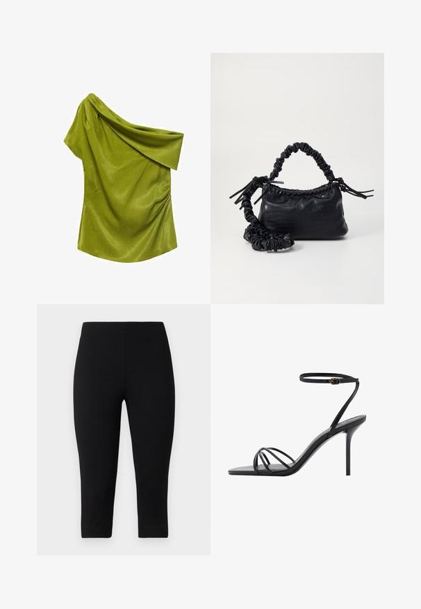 Grøn top med én skulder lavet af glat stof med en draperet design. Har subtil tekstur og samlinger på siden.; Sorte capri leggings lavet af strækbart materiale, med en tætsiddende pasform og glat tekstur, uden fremtrædende mønstre eller accenter.; Sorte høje sandaler med en tynd ankelrem, flere korslagte remme over foden og et elegant kvadratisk tådesign.; Sort kunstlæder håndtaske med krokodilteksur, indsnøret top og en sammenkrøben rem. Ser blød og kompakt ud i designet.