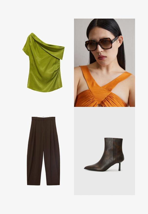 Top verde a spalla unica realizzato in tessuto liscio con un design drappeggiato. Presenta una sottile texture e arricciature sul lato.; Pantaloni marroni a vita alta con pieghe, realizzati in tessuto morbido. Vestibilità ampia, design a gamba dritta, dotati di passanti per cintura e chiusura con zip.; Stivale alla caviglia in pelle marrone con punta affusolata, design elegante e tacco sottile nero. Superficie strutturata con un motivo sottile.; Occhiali da sole oversize in tartaruga marrone con una ampia montatura rettangolare e lenti sfumate. Dettaglio del logo in oro sul lato.; Borsa a tracolla in suede marrone con una lunga cinghia in pelle, accessori in argento, forma rettangolare e un pattina piatta con un abbellimento centrale.