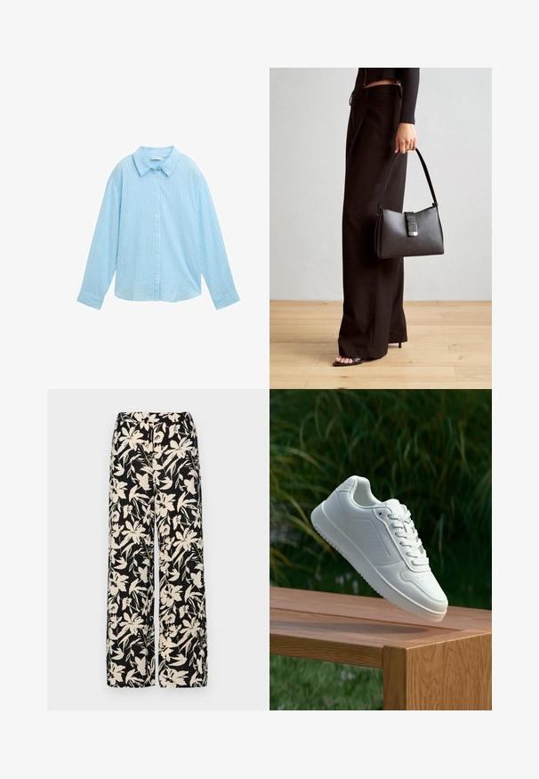 Svetlomodrá košeľa na gombíky so zvislými bielymi pruhmi, rozšíreným golierom, dlhými rukávmi a voľným strihom. Vyrobená z mäkkej tkaniny.; Čierne nohavice s širokými nohavicami a krémovým kvetinovým vzorom. Vyrobené z ľahkej látky, s hladkou textúrou a vysokým pásom.; Biele tenisky s hladkým syntetickým zvrškom, perforovanou špičkou, plochými šnúrkami a textúrovanou podrážkou, vystavené na drevenej ploche.; Čierna kabelka so štruktúrovaným tvarom, hladkou textúrou a kovovou sponou. V kombinácii so širokými čiernymi nohavicami a sandálmi s otvorenou špičkou na drevenej podlahe.