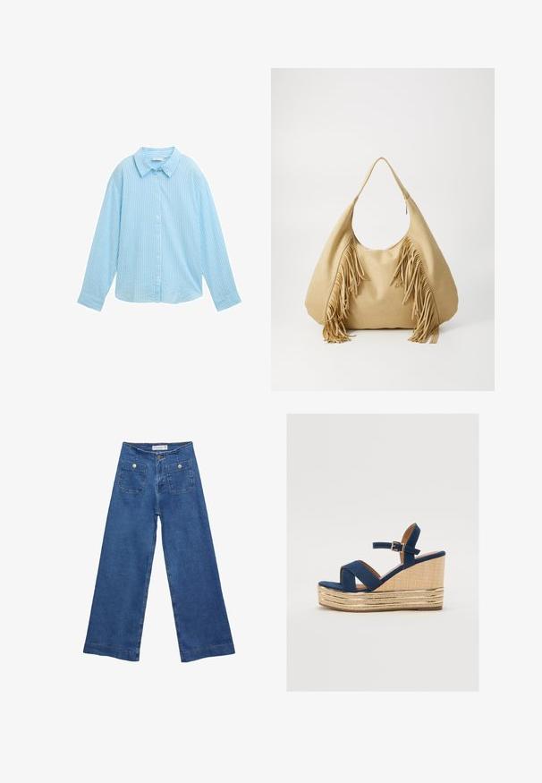 Jasnoniebieska koszula z długim rękawem, z poziomymi białymi paskami, o klasycznym kołnierzu i luźnym kroju. Wykonana z miękkiego materiału.; Jeans dżinsowe o szerokich nogawkach w średnim niebieskim odcieniu, z dwiema przednimi kieszeniami zapinanymi na guziki oraz przeszyciami wzdłuż dołów nogawek.; Granatowe sandały na koturnie z krzyżującymi się paskami, teksturowaną platformą z naturalnego włókna oraz złotym metalicznym akcentem na podstawie.; Torba na ramię w odcieniu brązowym z zamszu, z dużym otworem i długimi frędzlami po obu stronach, charakteryzująca się gładką fakturą i pojedynczym uchwytem.