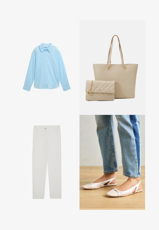 Camisa de botones azul claro con rayas blancas verticales, cuello amplio, mangas largas y un corte holgado. Fabricada en una tela suave.; Pantalones blancos, ajustados, con un diseño de pierna recta, que cuentan con un cierre de botón, lazos para cinturón y bolsillos laterales; textura de tela suave.; Bailarinas de color rosa pálido con tiras traseras y punta puntiaguda, fabricadas con un material similar al cuero suave. Presentan detalles recortados en los laterales y un tacón plano.; Bolso de mano beige con asas planas, textura suave y herrajes dorados, acompañado de un clutch acolchado a juego con una cadena.