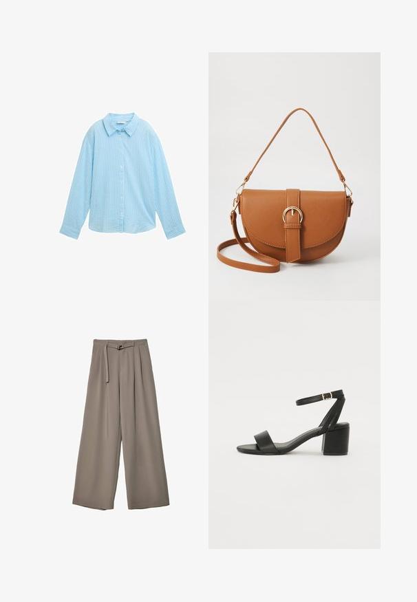 Camicia azzurro chiaro con bottoni, caratterizzata da strisce bianche verticali, colletto aperto, maniche lunghe e una vestibilità comoda. Realizzata in tessuto morbido.; Pantaloni a gamba larga in un morbido tessuto grigio tenue, con vita con cintura e pieghe per un tocco di design aggiuntivo. Texture liscia, senza motivi.; Sandalo nero con tacco alto, caratterizzato da una tomaia in pelle liscia, punta aperta, ampie fasce frontali e cinturino a caviglia regolabile con un dettaglio in fibbia dorata.; Borsa a tracolla in pelle marrone con forma curvata, hardware dorato e un dettaglio con fibbia. Presenta una tracolla rimovibile.