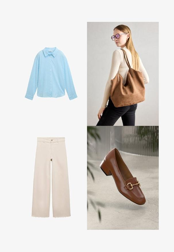 Svetlo modra srajca z dolgimi rokavi, z vertikalnimi belimi črtami, razpršenim ovratnikom in sproščenim fitom. Narejena iz mehkega blaga.; Bež jeans hlače širokega kroja z visokim pasom, z zapiranjem na gumb, sprednjimi žepi in raztrganim robom. Narejene iz denima.; Rjavi lakirani loafer z kvadratnim nosom, kovinsko verigo kot okrasom in nizko blok podplatom; gladka tekstura, minimalističen dizajn.; Rjava semišna torba z mehko teksturo, velikim odprtjem in dolgimi ročaji. Ima preprost dizajn z vidnim šivanjem in brez okovja.