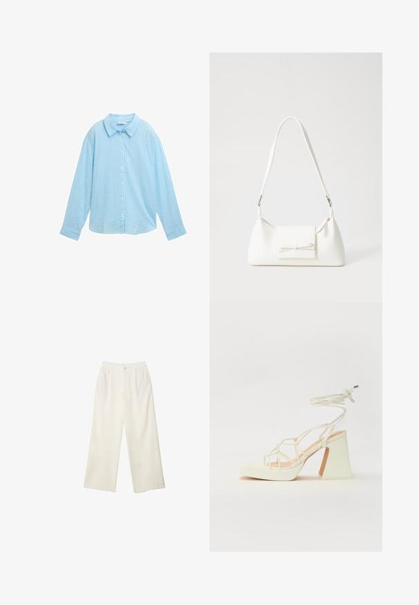 Camicia azzurro chiaro con bottoni, caratterizzata da strisce bianche verticali, colletto aperto, maniche lunghe e una vestibilità comoda. Realizzata in tessuto morbido.; Pantaloni a gamba larga in tessuto crema con una texture liscia, caratterizzati da un singolo bottone frontale, pieghe sottili e un design a vita alta.; Sandalo bianco con tacco alto, caratterizzato da un design a cinturini e un legaccio alla caviglia. Texture liscia con una piattaforma frontale per un'altezza aggiuntiva.; Borsa sintetica bianca a forma triangolare, con patta anteriore piatta e dettaglio a fiocco, tracolla regolabile, texture liscia e design minimalista.