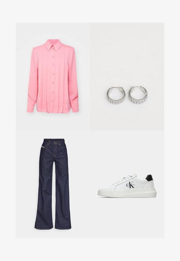Różowa koszula z długim rękawem i rozpinanym kołnierzykiem, z pionowymi fałdami i sześcioma guzikami z przodu, wykonana z gładkiego, lekkiego materiału.; Ciemnoniebieskie dżinsy szerokie w nogawkach wykonane z denimu, z wysokim stanem, z pomarańczowymi przeszyciami, pięcioma kieszeniami i zapięciem na guzik.; Białe sneakersy typu low-top z czarnym paskiem na pięcie, platformą, sznurowadłami i logo "CK" marki Calvin Klein na boku.; Srebrne kolczyki w kształcie obręczy o teksturowanym wzorze z pionowymi żłobieniami. Okrągły kształt z pewnym zapięciem. Gładkie wykończenie.