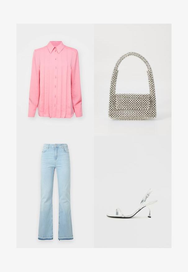 Cămașă roz cu mânecă lungă și guler cu nasturi, având plisuri verticale și șase nasturi în față, fabricată dintr-un material neted și ușor.; Jeanși evazați de culoare bleu deschis, fabricați din denim, cu talie înaltă, buzunare frontale și margini brutale la mansete pentru un look casual.; Sandale cu toc înalt slingback din piele patent argintie, cu o curea îngustă pe degete, cataramă ajustabilă și un toc subțire.; Geantă de mână din mărgele argintii, cu un mâner curbat, corp rectangular și acoperită cu pietre reflectorizante, având un buzunar cu clapetă în față.