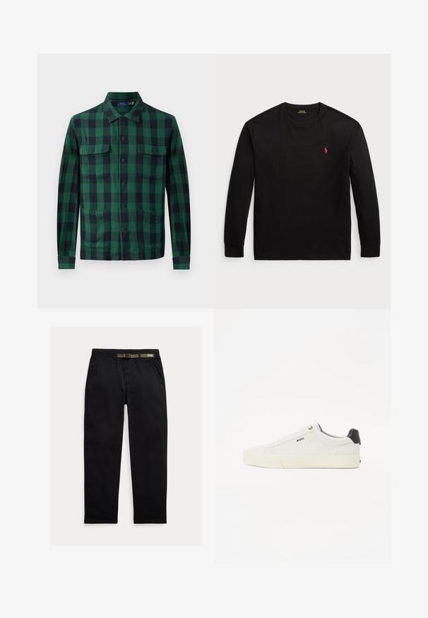 Green and black plaid shirt, made of fabric with a button-up front, two chest pockets, and long sleeves with buttoned cuffs.; Black long-sleeve t-shirt made of cotton. Features a crew neck, ribbed cuffs, and a small red embroidered logo on the chest. Smooth texture.; Black pants made of lightweight fabric, featuring an elastic waistband with an integrated green belt, straight-leg cut, and side pockets.; White leather sneaker with a textured finish, featuring a black heel cap, round toe, and branded side logo in black. Lightweight rubber sole.