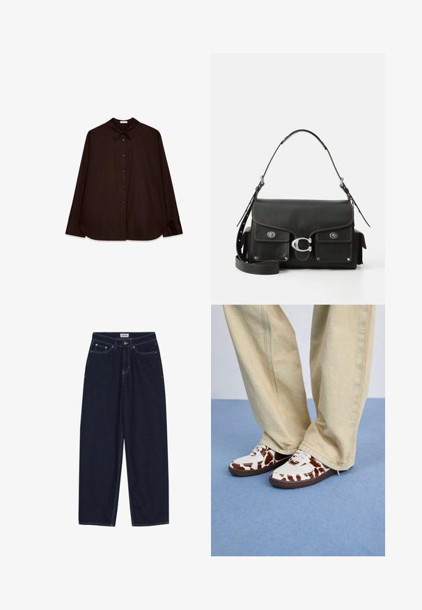 Brown button-up shirt with a classic collar, long sleeves, and a straight cut. Soft texture and minimalistic design with no patterns.; Dark blue denim wide-leg pants with contrast stitching, front pockets, and a button closure. Clean, straight cut with no embellishments.; White and brown patterned sneakers with mesh and leather, featuring brown rubber soles. Paired with light beige wide-leg pants.; Black leather handbag with a flap closure, silver hardware, two front pockets, contrasting stitching, and a detachable shoulder strap.