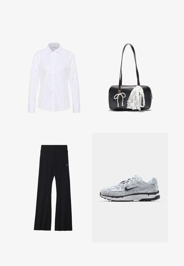White long-sleeve shirt made of smooth fabric, featuring a classic collar, front button closure, and a tailored fit.; Black flared yoga pants in stretchy fabric, featuring a wide waistband and a small logo near the hip. Smooth texture, no patterns.; Nike P-6000 sneakers with a light grey mesh upper, black accents, and a durable black rubber sole. Features intricate design and lacing system.; Even&Odd Handbag - black