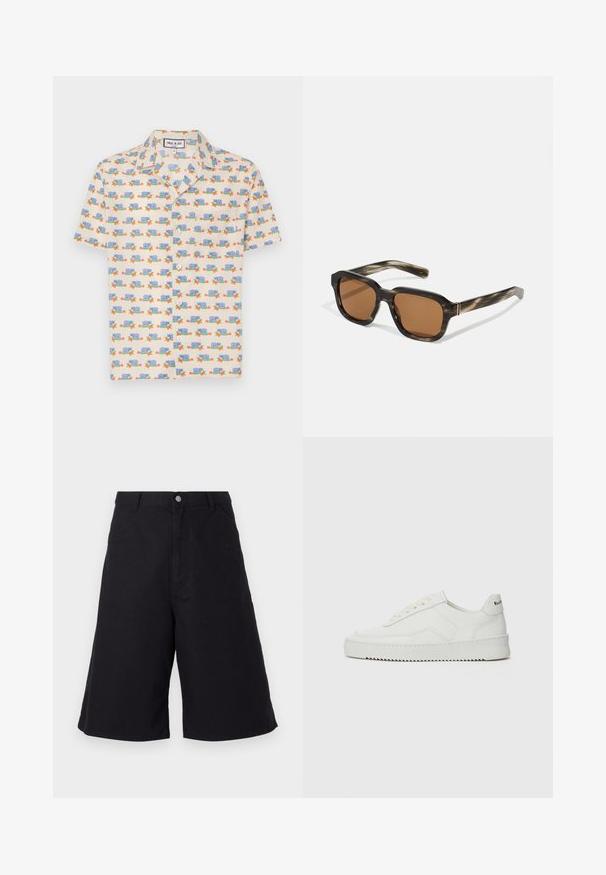 Kortærmet skjorte i lysecreme stof med et legende print af blå snegle og røde blomster. Har krave og hvide knapper.; Icecream JUMBO RUNNING DOG - T-shirts print - black; Sorte bomuldsbukser med lige snit, der har forlommer, knaplukning og en tekstur, der er velegnet til afslappet brug.; Hvide lædersneakers med en glat overflade, rund tå, flade snørebånd og en tekstureret sål. Har et diskret logo på hælen.; Plastik solbriller med skildpadde mønster, oktagonale brune linser og tynde guldfarvede detaljer på stellet.