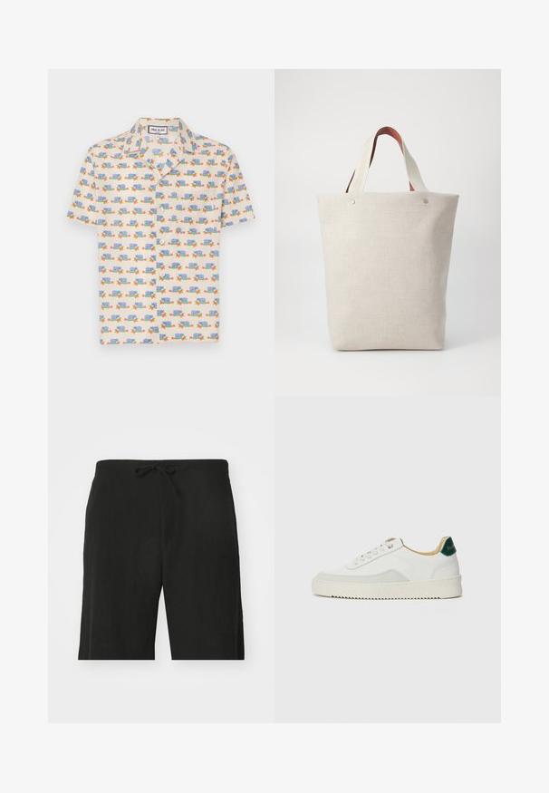 Krátký rukáv košile v světlém krémovém tkanivu s hravým potiskem modrých šneků a červených květin. Obsahuje límeček a bílé knoflíky.; Černé lněné kraťasy s páskem na stažení, nabízející uvolněný střih a délku ke kolenům. Hladká textura, jednoduchý a klasický styl.; Bílé tenisky se semišovými prvky, kulatou špičkou, plochými tkaničkami a krémovou gumovou podrážkou. Na patě mají zelené logo.; Tote taška ze světle béžové látky s texturovaným povrchem, která má dvě kontrastní hnědé kožené ucha a kovové detaily nahoře.