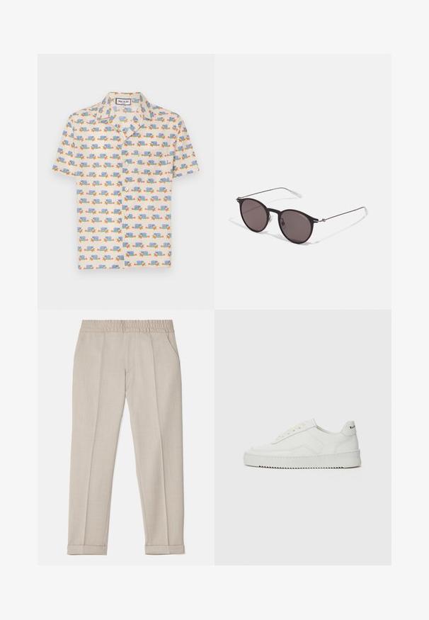 Camicetta a maniche corte in tessuto crema chiaro con una stampa giocosa di lumache blu e fiori rossi. Dotata di colletto e bottoni bianchi.; Filippa K TERRY CROPPED TROUSERS - Pantaloni - sage melange; Sneaker in pelle bianca con una finitura liscia, punta rotonda, lacci piatti e suola testurizzata. Presenta un logo discreto sul tallone.; Occhiali da sole neri rotondi con lenti scure e sottili bracci in metallo. Include punte trasparenti e accenti argentati alla cerniera. Design minimalista.