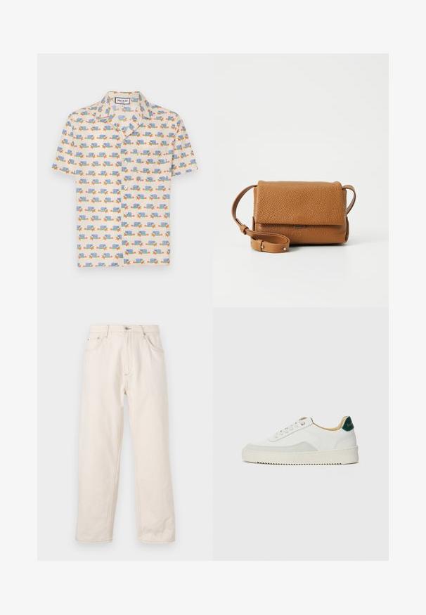 Camicetta a maniche corte in tessuto crema chiaro con una stampa giocosa di lumache blu e fiori rossi. Dotata di colletto e bottoni bianchi.; Jeans beige a gamba dritta in denim, con chiusura a bottone, cinque tasche e dettagli di cucitura visibili. Tessuto liscio.; Sneaker bianco con accenti in camoscio, punta rotonda, lacci piatti e suola in gomma crema. Presenta un marchio verde sul tallone.; Borsa a tracolla in pelle marrone con finitura texturizzata, forma rettangolare, patta pieghevole, tracolla regolabile e dettaglio con chiusura metallica.