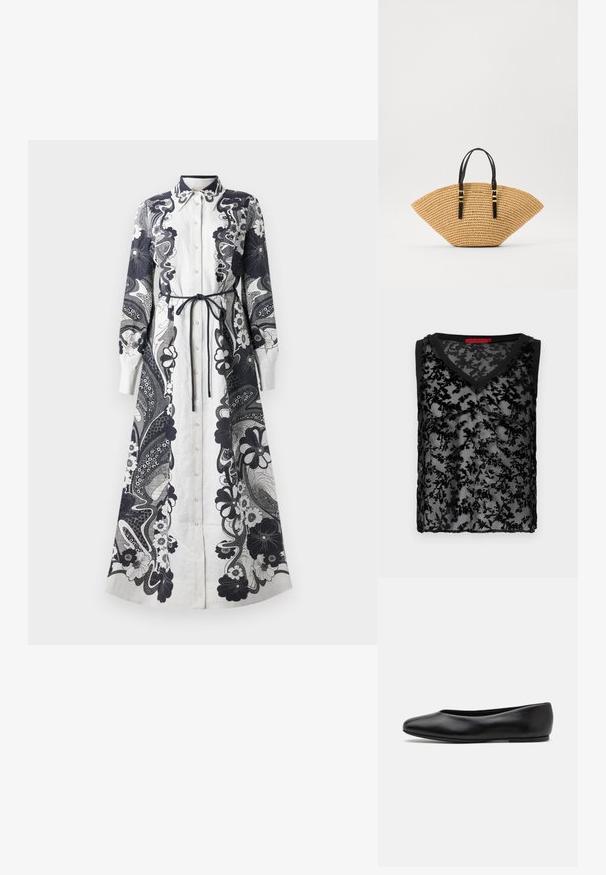 Zwarte mouwloze top met een doorzichtige bloemenkant overlay, V-hals ontwerp en zwarte rand langs de halslijn en armgaten.; Lange, knopenjurk van lichtgewicht stof. Voorlopig wit met ingewikkelde marineblauwe bloemen- en paisleypatronen. Vastgesnoerde taille-detail.; Paul Smith TOPANGA - Ballerina's - black; Straw tas met een unieke waaier-vorm, beige geweven textuur en zwarte leren handvatten met gouden gespen. Verstelbare schouderband voor veelzijdigheid.
