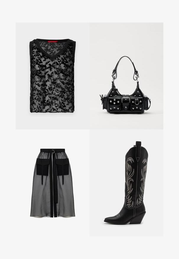 Black sleeveless top featuring a sheer floral lace overlay, V-neck design, and black trim along the neckline and armholes.; Black sheer skirt with a gathered waistband, featuring two large front pockets, a waist tie, and a circular metal accent.; Black leather cowboy boots with pointed toes, wedge heels, and silver embroidered floral patterns along the shaft. Contrast stitching throughout.; Black leather handbag with a curved design, featuring silver studs, a buckle, and two side pockets. Adjustable strap for carrying options.