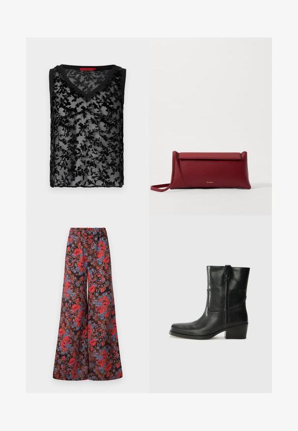 Czarny top bez rękawów z przezroczystą koronkową aplikacją w kwiaty, dekoltem w kształcie litery V oraz czarnym wykończeniem wzdłuż dekoltu i otworów na ramiona.; Spodnie o szerokich nogawkach wykonane z czarnego materiału ozdobionego żywym kwiatowym wzorem w czerwieni i niebieskim, z elastycznym paskiem w talii dla komfortu.; Czarne skórzane botki za kostkę z okrągłym noskiem, słupkowym obcasem, bocznym zamkiem i przeszyciami na cholewce. Gładka tekstura, klasyczny design.; Czerwona skórzana kopertówka o teksturowanym wykończeniu, z płaskim złożonym wierzchem i krótkim paskiem. Subtelne logo marki z przodu.