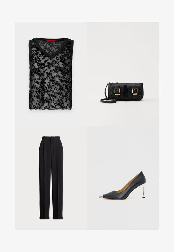 Melnā bez piedurknēm augšdaļa ar caurspīdīgu ziedu mežģīņu pārklājumu, V-veida dekoltē un melno apdari gar kakla un roku caurumiem.; Melnas piegriezuma bikses ar augstu jostasvietu, priekšā ar krokām, taisna kāju dizains un ar aprocēm. Izgatavotas no gludas auduma.; Tumši zila ādas augstpapēžu kurpe ar smailu purngalu, kas izceļas ar sudrabotu metālisku uzgali un spīdīgu sudraba stilettos papēdi.; Melnas ādas crossbody soma ar divām priekšējām kabatām, zelta sprādzēm, ar rāvējslēdzēju aizdari un šauru siksnu. Strukturēta virsma un kompakta taisnstūra forma.