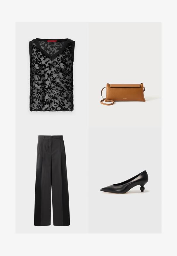 Top negru fără mâneci, cu un overlay din dantelă florală transparentă, design în formă de V și margine neagră pe decolteu și guler.; Pantaloni negri cu talie înaltă, cu picioare largi, având pliseuri frontale, o textură netedă și un finisaj croit. Concepuți pentru o croială relaxată.; Pantofii cu toc înalt din piele neagră, cu vârf ascuțit și toc rotund, mimos. Textură netedă, cu un design elegant și minimalist.; Geantă de umăr din piele maro, formă rectangulară, suprafață texturată, curea detașabilă, închidere cu fermoar, logo subtil embosat pe față.