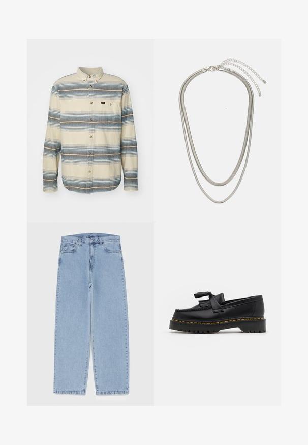 Koszula zapinana na guziki z długim rękawem w kolorze kremowym z poziomymi niebieskimi i szarymi paseczkami. Posiada kołnierzyk ze zapięciem na guziki oraz kieszonkę na piersi.; Jasnoniebieskie dżinsy o prostym kroju nogawki, z średnim stanem, pięcioma kieszeniami oraz zapięciem na guzik i zamek błyskawiczny.; Czarny skórzany mokasyn z frędzelkowymi akcentami, z masywną czarną podeszwą i żółtym przeszyciem wzdłuż krawędzi. Teksturowane wykończenie.; Trójwarstwowy naszyjnik ze srebrnego metalu z eleganckimi, elastycznymi łańcuszkami o delikatnym połysku, zapinany na karabińczyk i regulowany.