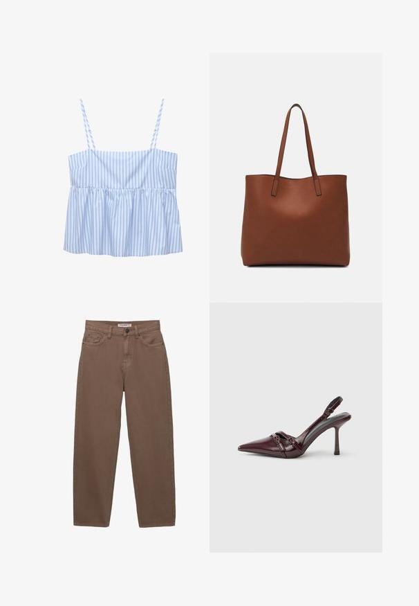 Kék és fehér csíkos rövid fazonú top vékony állítható pántokkal, plissé kialakítással és bő szabással. Könnyű anyagból készült.; Barna pamut farmernadrág laza szabással, öt zsebbel és cipzáros záródással. Finom textúrával és klasszikus varrási részletekkel rendelkezik.; Bordó lakkbőr pántos magassarkú hegyes orral, vékony boka pánttal és kis díszes csat részlettel. Sima textúra és magas sarok.; Barna bőr vászontáska sima textúrával, nyitott tetejű dizájnnal és két vállpánttal. Minimális varrással és látható hardver nélkül készült.