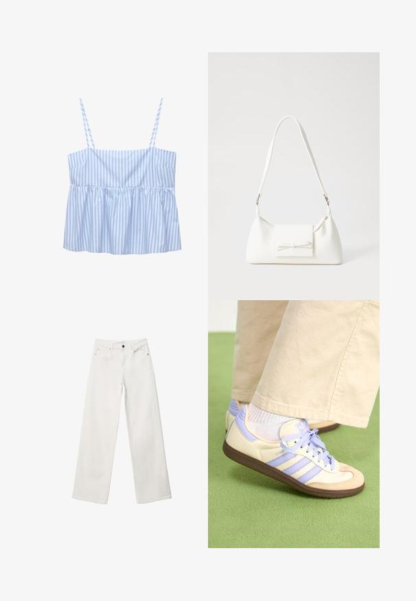 Modrý a bílý pruhovaný crop top s tenkými nastavitelnými ramínky, plisovaným designem a rozšířeným lemem. Vyrobeno z lehké tkaniny.; Bílé široké džíny vyrobené z denimu, s vysokým pasem, pětičkovým designem a uzavíráním na kovový knoflík. Hladká textura, bez vzorů.; Krémové a levandulové tenisky se třemi pruhy a texturovanou hnědou podrážkou, vybavené tkaničkami a polstrovanou patou. Měkký textilní svršek.; Bílá syntetická kabelka v trojúhelníkovém tvaru, s plochým předním klopným víkem a detailem mašle, nastavitelným popruhem, hladkým povrchem a minimalistickým designem.