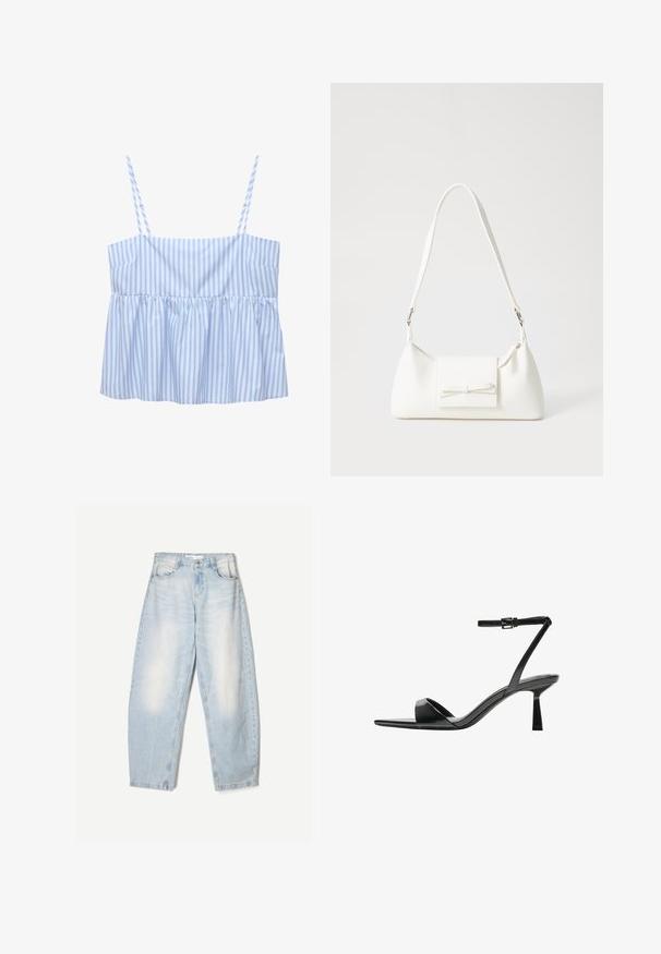 Sininen ja valkoinen raidallinen crops-toppi, jossa on ohuet säädettävät hihnat, laskostettu muotoilu ja levenevä helma. Valmistettu kevyestä kankaasta.; Vaaleansiniset farkut, joissa on löysä malli, haalistunut pinta, kaksi etutaskua ja nappikiinnitys vyötäröllä.; Bershka Korolliset sandaalit - black; Valkoinen synteettinen käsilaukku, jossa on kolmikulmainen muoto, tasainen etu läppä ja nauhadetail, säädettävä olkahihna, sileä rakenne ja minimalinen muotoilu.
