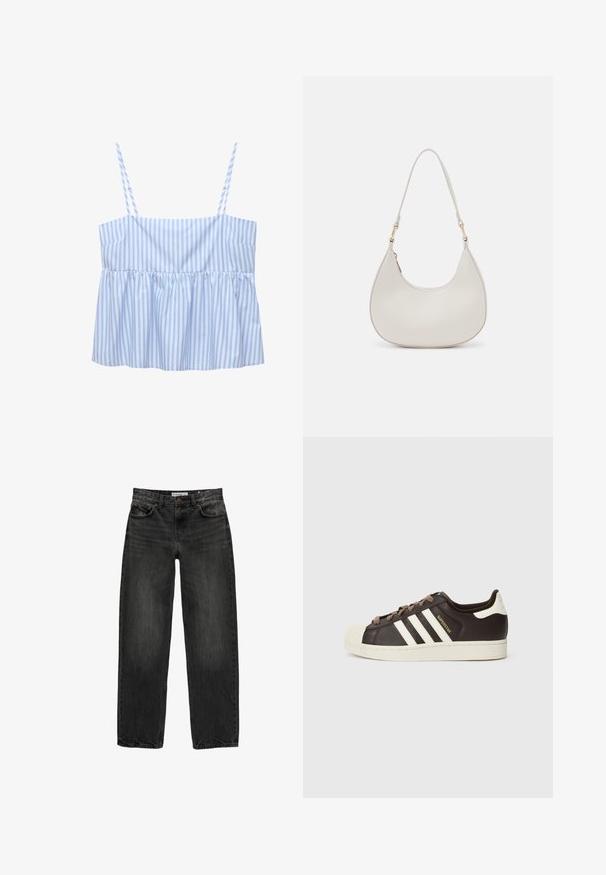 Kék és fehér csíkos rövid fazonú top vékony állítható pántokkal, plissé kialakítással és bő szabással. Könnyű anyagból készült.; Fekete farmernadrág laza szabással, egyenes szárakkal, öt zsebes dizájnnal és enyhén elhalványult textúrával. Elöl gombos és cipzáras záródás.; Sötétbarna bőr alacsony szárú Adidas Superstar sportcipő krémszínű kagyló orral, fehér csíkokkal és "Superstar" felirattal az oldalon.; Krém bőr válltáska, félhold alakú, vékony pánttal és diszkrét varrási részletekkel. Minimalista dizájn arany színű fémberakásokkal.