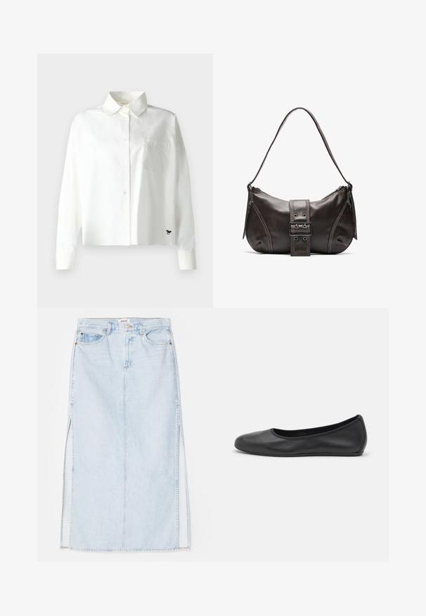 WEEKEND MaxMara Skjortebluse - bianco; Lys blå denim maxi skjørt med rett snitt, med sidespalter og fem-lommers design. Fremtredende søm og metallknapplukking.; Svart skinnballettflatt med rund tå, glatt tekstur, minimal sømdetalj, og et fleksibelt såledesign.; Brun lærremmet skulderveske med en buet form, med en fremtredende spenne detalj, kontrasterende sømmer og et enkelt skulderrem.