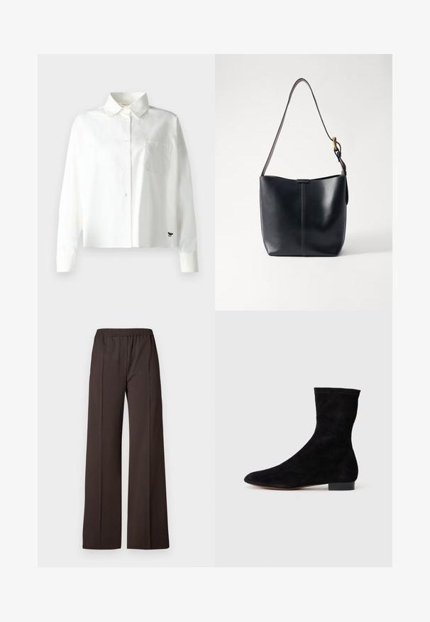WEEKEND MaxMara Overhemdblouse - bianco; Wijdvallende broek in donkerbruin stof met een elastische tailleband, voorzien van een gladde textuur en scherpe lijnen voor een verzorgd uiterlijk.; Zwarte suède enkelboot met een aansluitende schacht, puntige neus en een lage blokhak. Gladde textuur en minimalistisch ontwerp, geschikt voor veelzijdige styling.; Zwarte leren schoudertas met een gladde textuur, voorzien van een dunne, lange schouderband en een subtiele stiknaad in het midden.