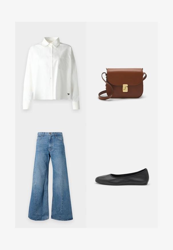 WEEKEND MaxMara Skjortebluser - bianco; Bredde ben blå denim jeans med høj talje, der har klassisk fem-lomme design og let falmning for tekstur.; Sort læderballetsko med rund tå, glat tekstur, minimal syning og et fleksibelt såldesign.; Brun læder håndtaske med flaplukning, hardware i gyldent tone, en skulderrem og en glat overflade. Kompakt rektangulær form.
