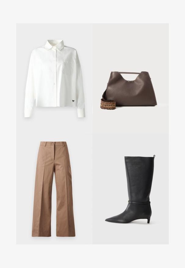 WEEKEND MaxMara Skjortebluser - bianco; Brune bredde bukser lavet af et glat stof, med en frontknaplukning, to frontlommer og rene, skræddersyede linjer.; Sorte læder knæhøje støvler med spidse tæer, fremhævet af et rundt bånd omkring anklen og en lav, tapered hæl. Glat tekstur.; Brun læder skuldertaske med en tekstureret overflade, vinkelret design og et karakteristisk topgreb. Har et mønstret vævet stropdetalje.