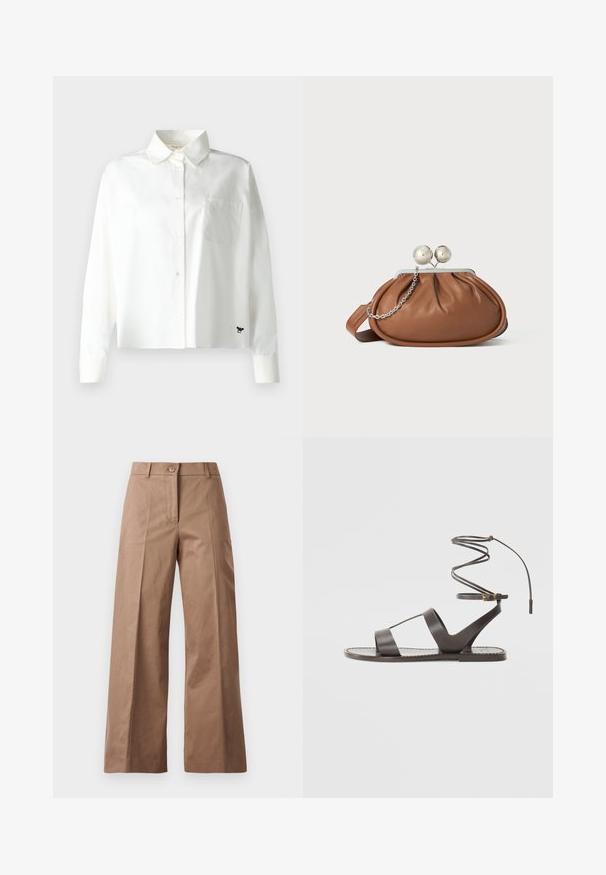 WEEKEND MaxMara Hemdbluse - bianco; Braune weite Hose aus einem glatten Stoff, mit einem Knopfverschluss vorne, zwei Fronttaschen und klaren, maßgeschneiderten Linien.; Braune Ledersandale mit flacher Sohle, minimalistischem Design, gebogenem Knöchelriemen und mehreren Ausschnitten für Atmungsaktivität.; Braune Leder-Clutch mit silbernem Kugelverschluss und einem kleinen silbernen Kettendetail auf weißem Hintergrund.