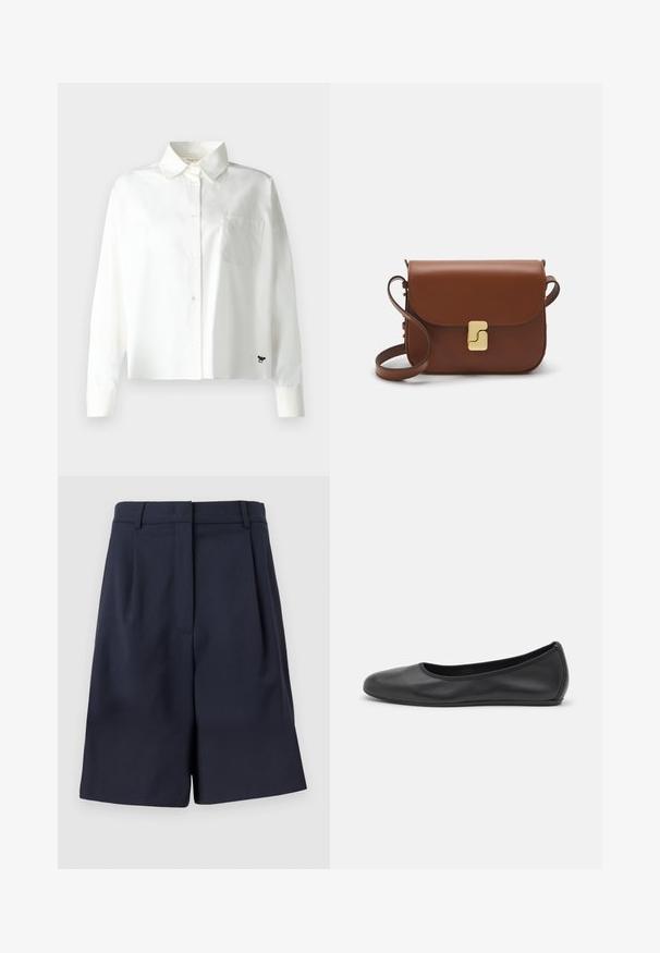 Weekend Max Mara Cămașă - bianco; Șorturi bleumarin, croite, fabricate dintr-un material neted, cu talie înaltă, pliuri în față și buzunare pe laterale. Siluetă curată și structurată.; Balerini din piele neagră, cu vârf rotund, textură netedă, detalii de cusătură minimale și un design al tălpii flexibil.; Geantă de piele maro cu închidere tip capac, accesorii de culoare aurie, curea de umăr și o textură netedă. Formă compactă și rectangulară.