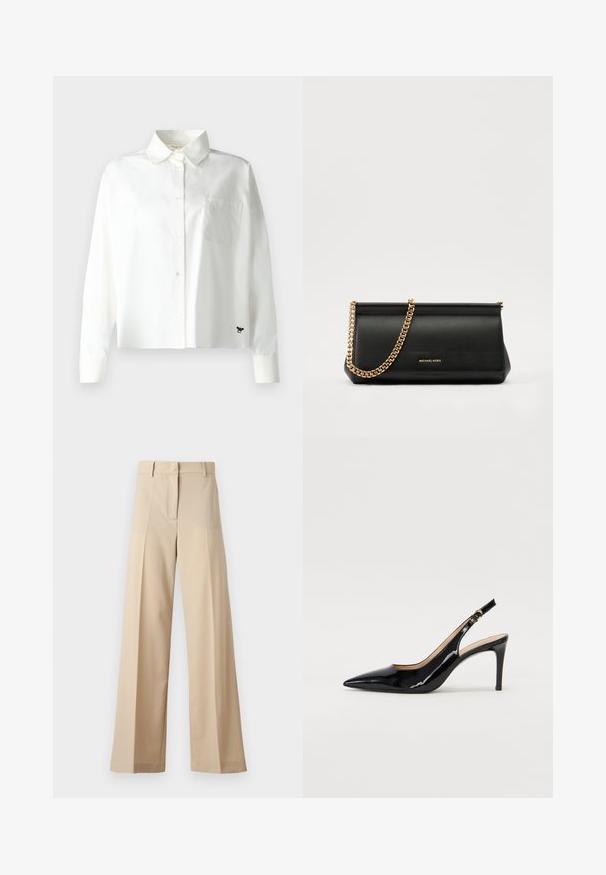 WEEKEND MaxMara Camicia - bianco; Pantaloni beige a gamba larga realizzati in tessuto morbido, con fronte piatto e pieghe, zip e passanti per cintura. Vestibilità sartoriale complessiva.; Pumps slingback in pelle verniciata nera con punta affilata, tacco sottile e un design con ritagli delicati. Caratterizzate da una fibbia dorata sul cinturino.; Clutch bag in pelle nera con tracolla in catena dorata, caratterizzato da una superficie liscia, forma rettangolare e branding in rilievo sul davanti.