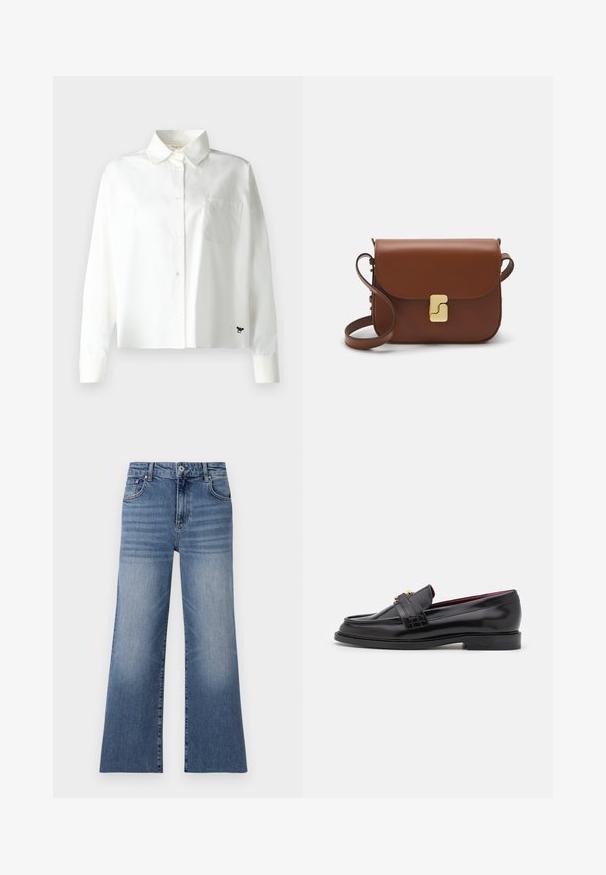 WEEKEND MaxMara - Bluzka; Jasnoniebieskie dżinsowe spodnie z szerokimi nogawkami i wysokim stanem, z przednimi kieszeniami, zapięciem na guziki oraz wyblakłym wzorem na nogawkach.; Czarne skórzane mokasyny z przeszywanym wzorem, gładką teksturą, złotym zapięciem i zaokrąglonym czubkiem, osadzone na niskiej czarnej podeszwie.; Brązowa skórzana torebka na ramię z klapką, złotymi detalami, paskiem na ramię i gładką teksturą. Kompaktowy prostokątny kształt.